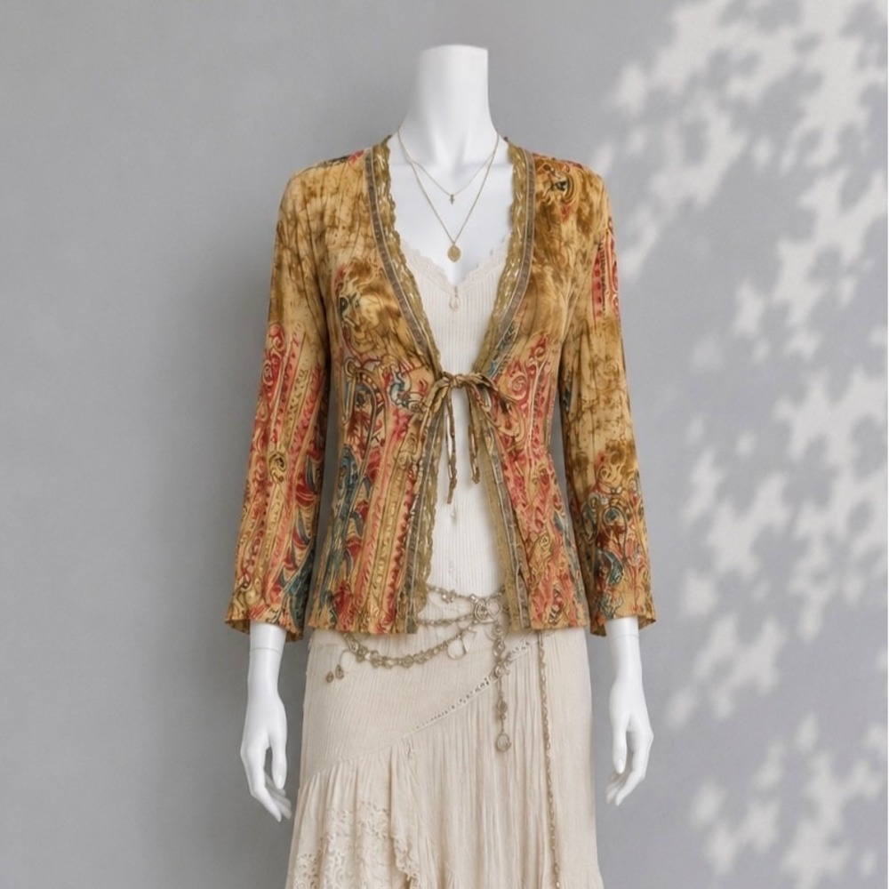 Vintage Piano Y2K Tie Front Blouse L Brown Pink Paisley Fairy Boho Festival Top - Picture 8 of 10